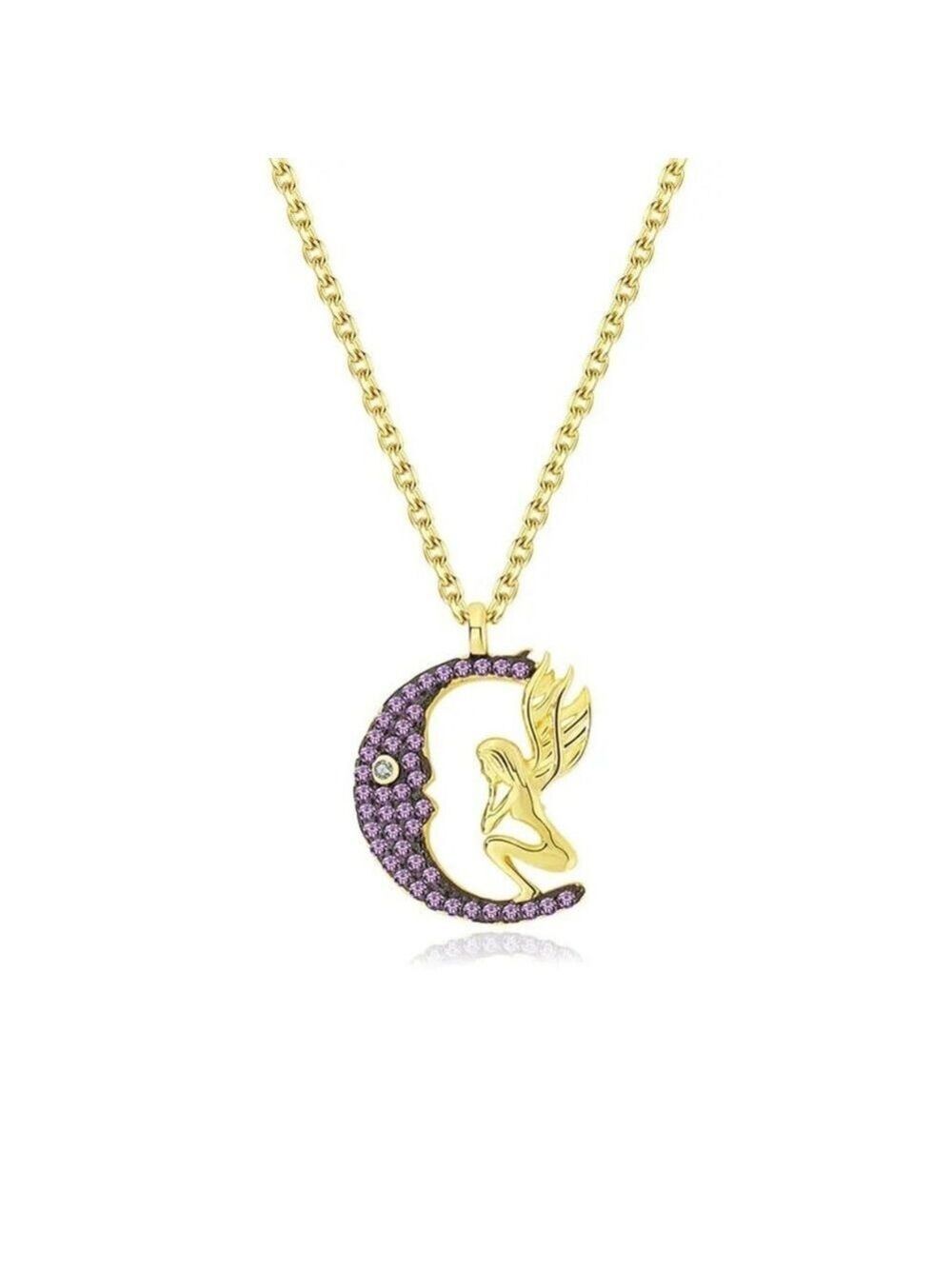 925 Sterling Silver Plated with 18k Yellow Gold Angel On Moon CZ Pendant - Picture 6 of 6